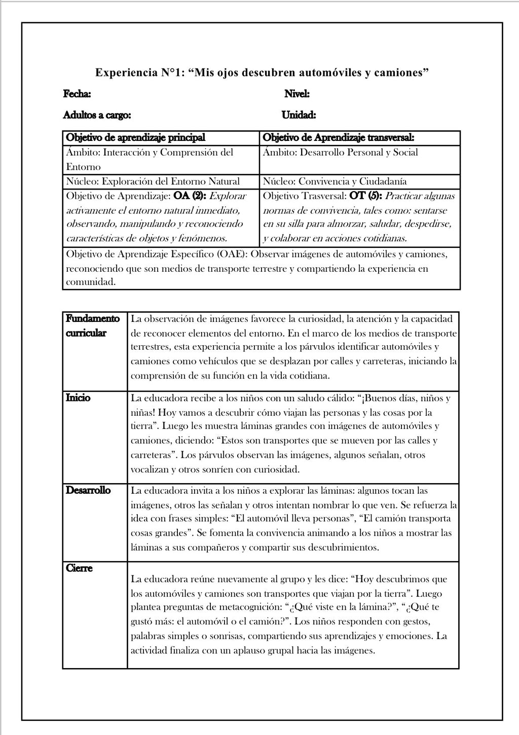 Planificación Sala Cuna Heterogénea “Los Medios de Transporte Terrestres”