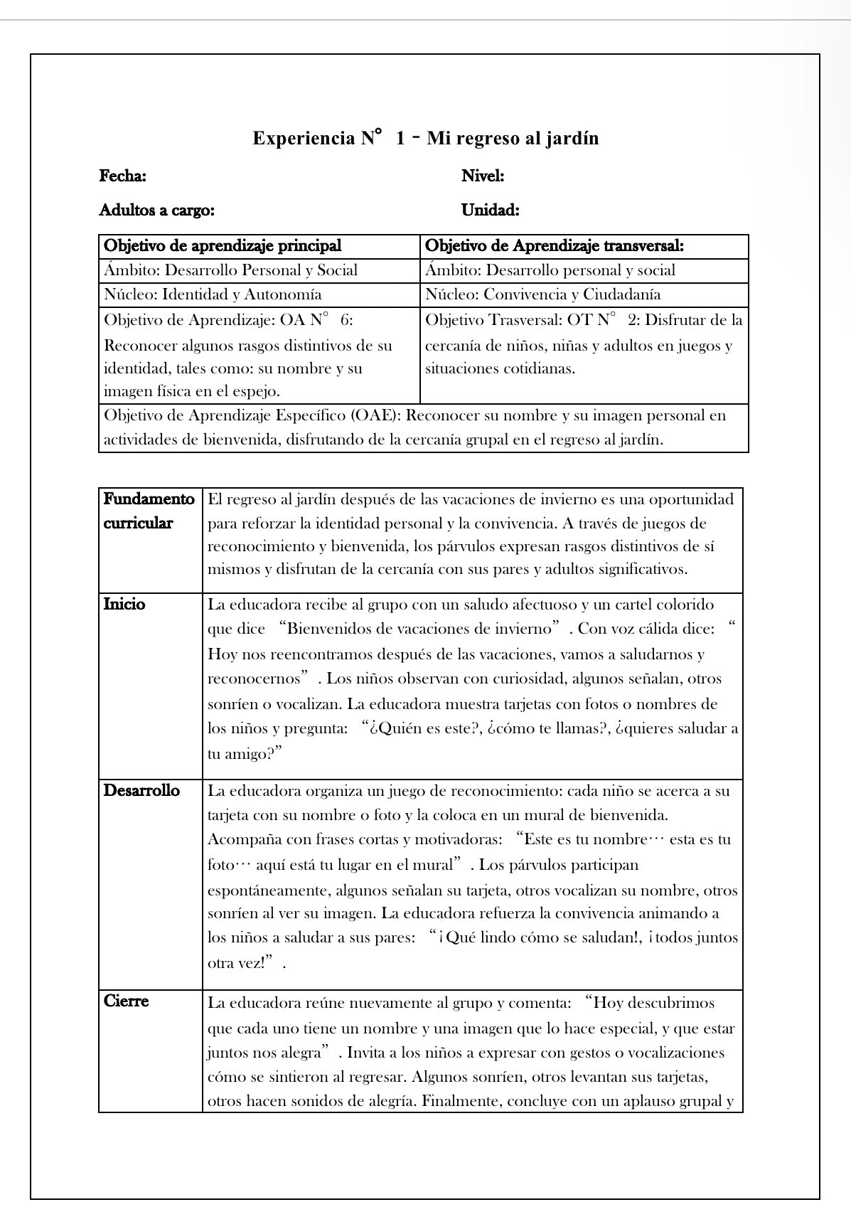 Planificaciónes Sala Cuna Heterogénea “Regreso de Vacaciones de invierno”