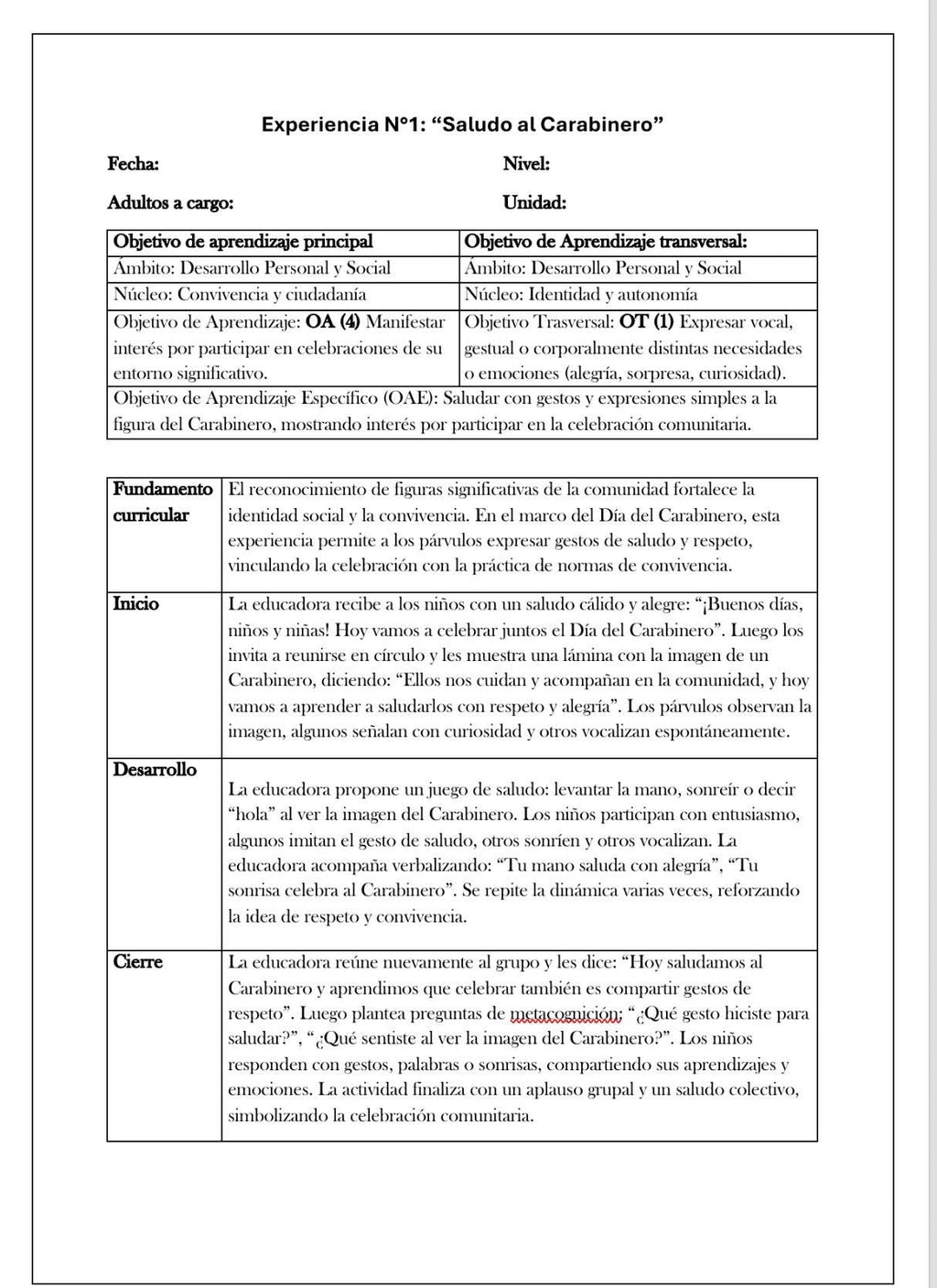Planificación Sala Cuna Heterogénea “Día del Carabinero”