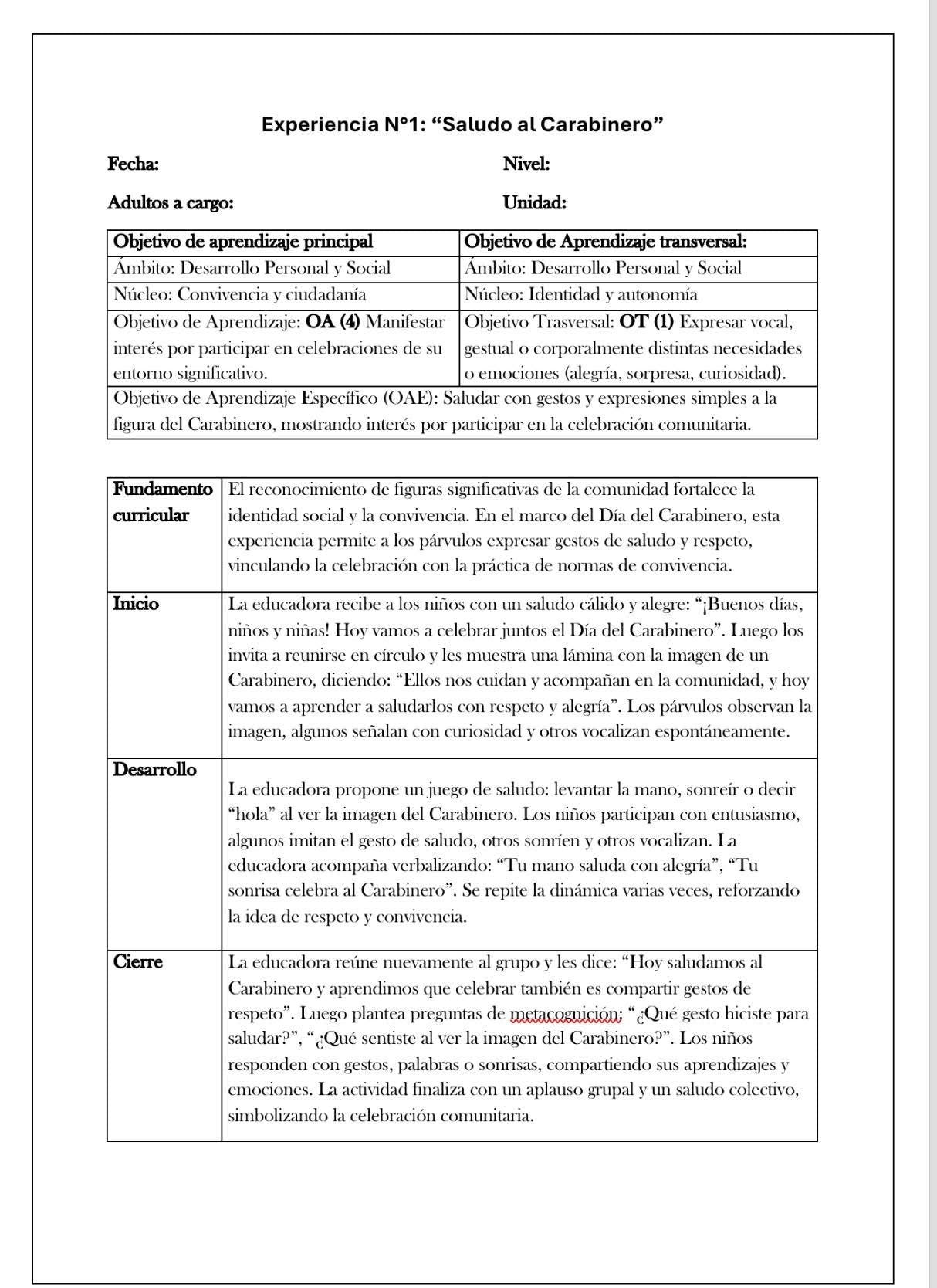 Planificación Sala Cuna Heterogénea “Día del Carabinero”