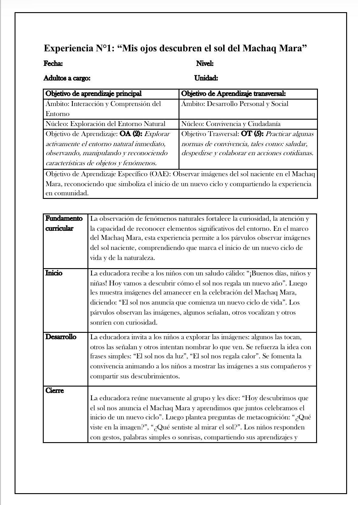 ☀️🌱 Planificación Sala Cuna Heterogénea
“Machaq Mara – Año Nuevo Andino”