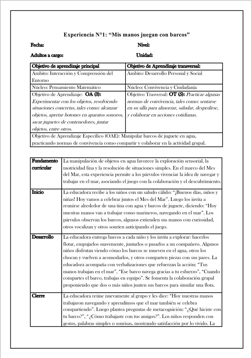 🌊 Planificación Sala Cuna Heterogénea “Mes del Mar”