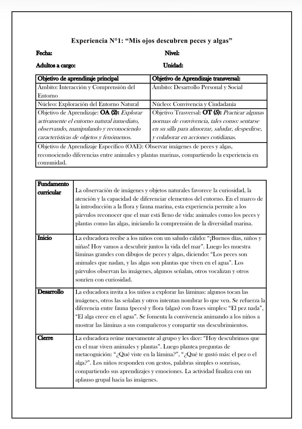 🌊 Planificación Sala Cuna Heterogénea “Flora y Fauna Marina”