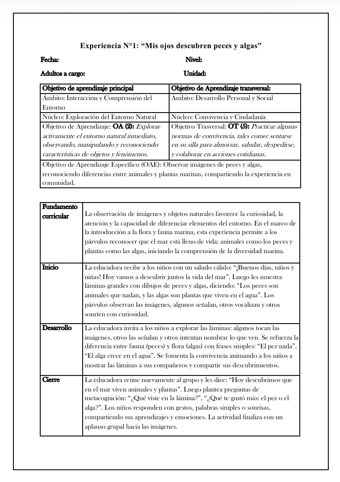 🌊 Planificación Sala Cuna Heterogénea “Flora y Fauna Marina”